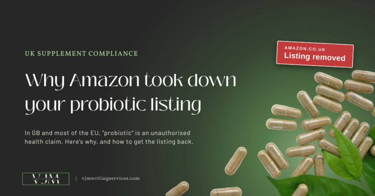Beige probiotic supplement capsules and leaves with a red Amazon.co.uk "listing removed" tag.