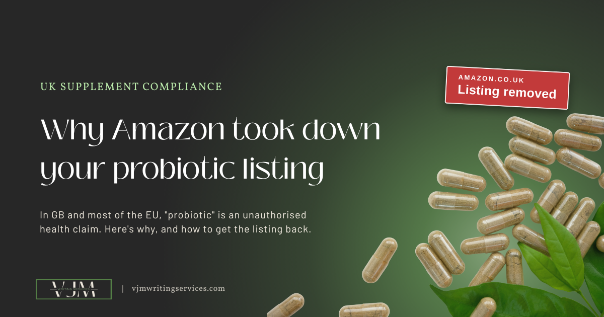 Beige probiotic supplement capsules and leaves with a red Amazon.co.uk "listing removed" tag.