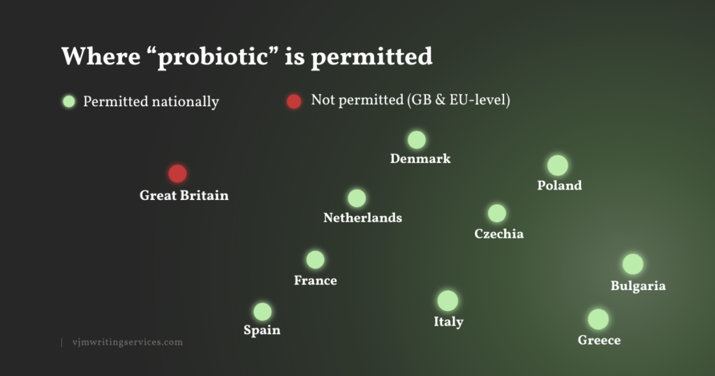 Map of Europe showing countries that permit the word "probiotic" on supplements, with Great Britain marked as not permitted.